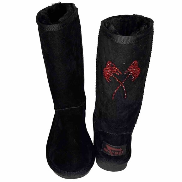 In-N-Out Burger Black W sz 7 Suede Boots Shoes Shearling Red Crystal Palm Trees - Picture 1 of 15